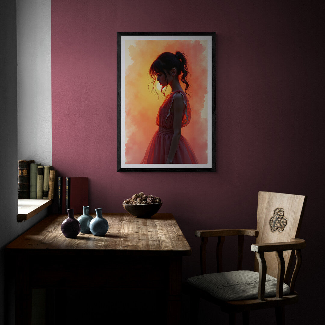 Fiery sunset-inspired wall art, featuring a graceful woman in a flowing dress for premium posters