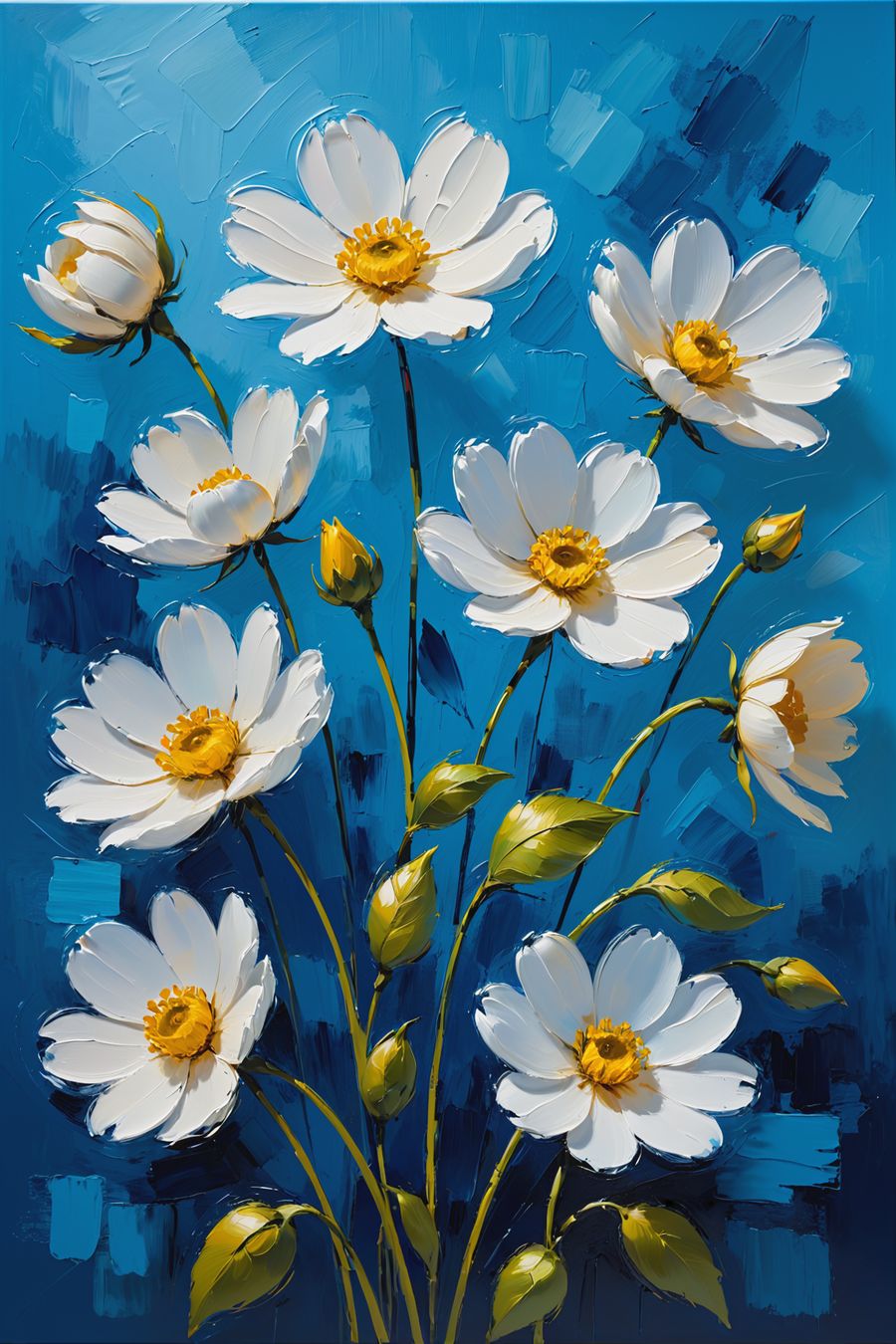 In a serene and minimalist composition, the picture features delicate white flowers set against a soothing blue background. The artwork evokes a sense of tranquility and simplicity, highlighting the beauty of nature in a clean and elegant aesthetic.