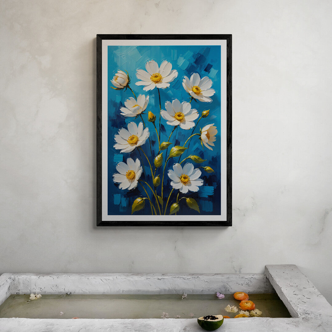 In a serene and minimalist composition, the picture features delicate white flowers set against a soothing blue background. The artwork evokes a sense of tranquility and simplicity, highlighting the beauty of nature in a clean and elegant aesthetic.