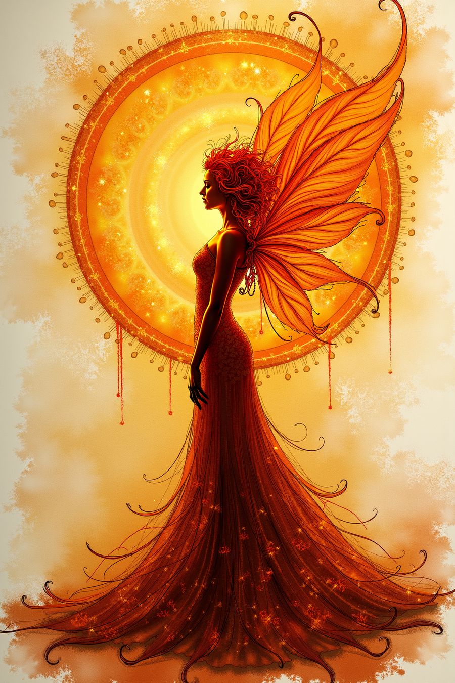 Wings of Eternal Flame art print featuring a radiant fairy with fiery wings, perfect for wall art and home decor