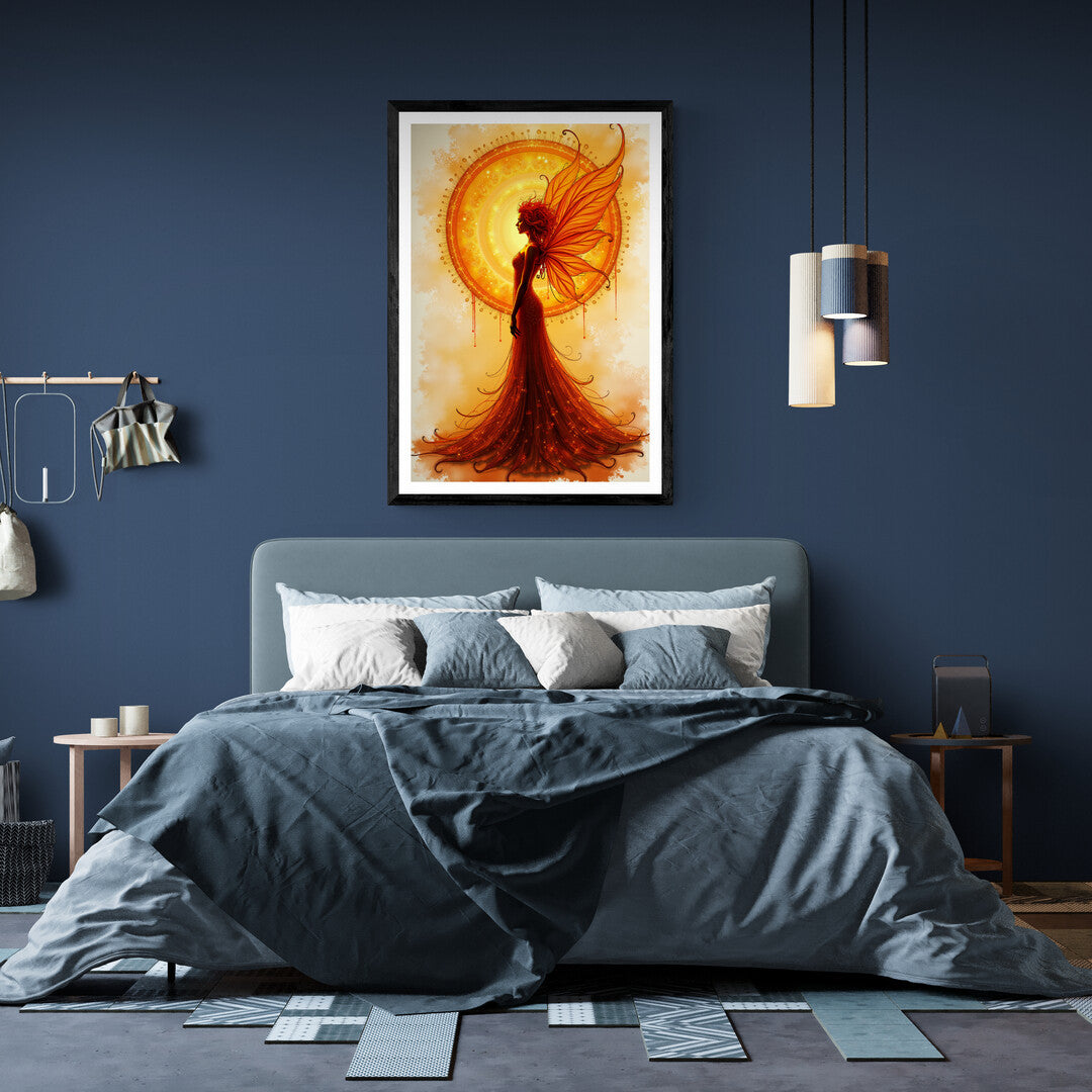 Golden celestial-themed premium poster showcasing a glowing fairy with flame-like wings for elegant home decor