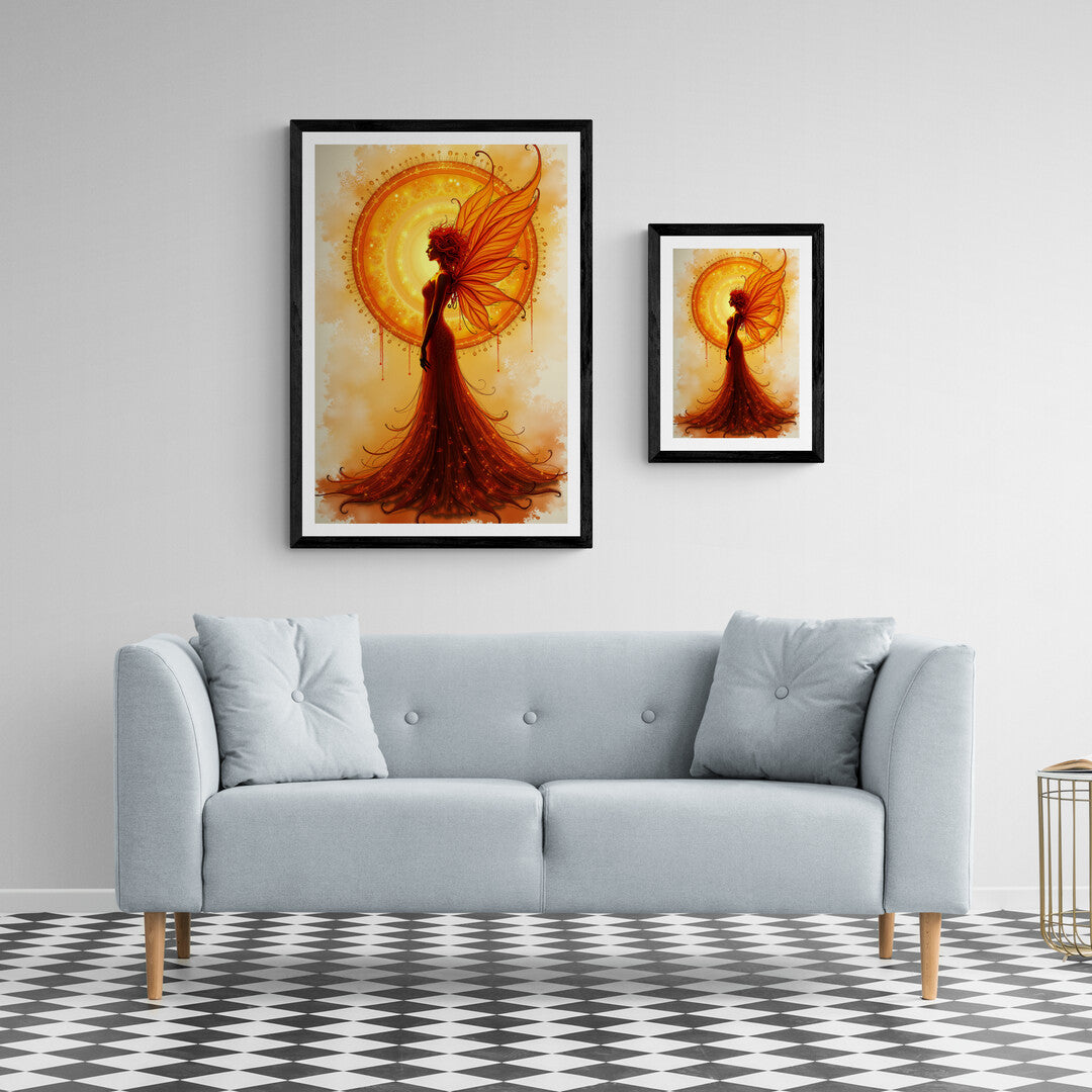 Stunning wall art of a fiery-winged fairy against a glowing sun, ideal for adding warmth to your home decor