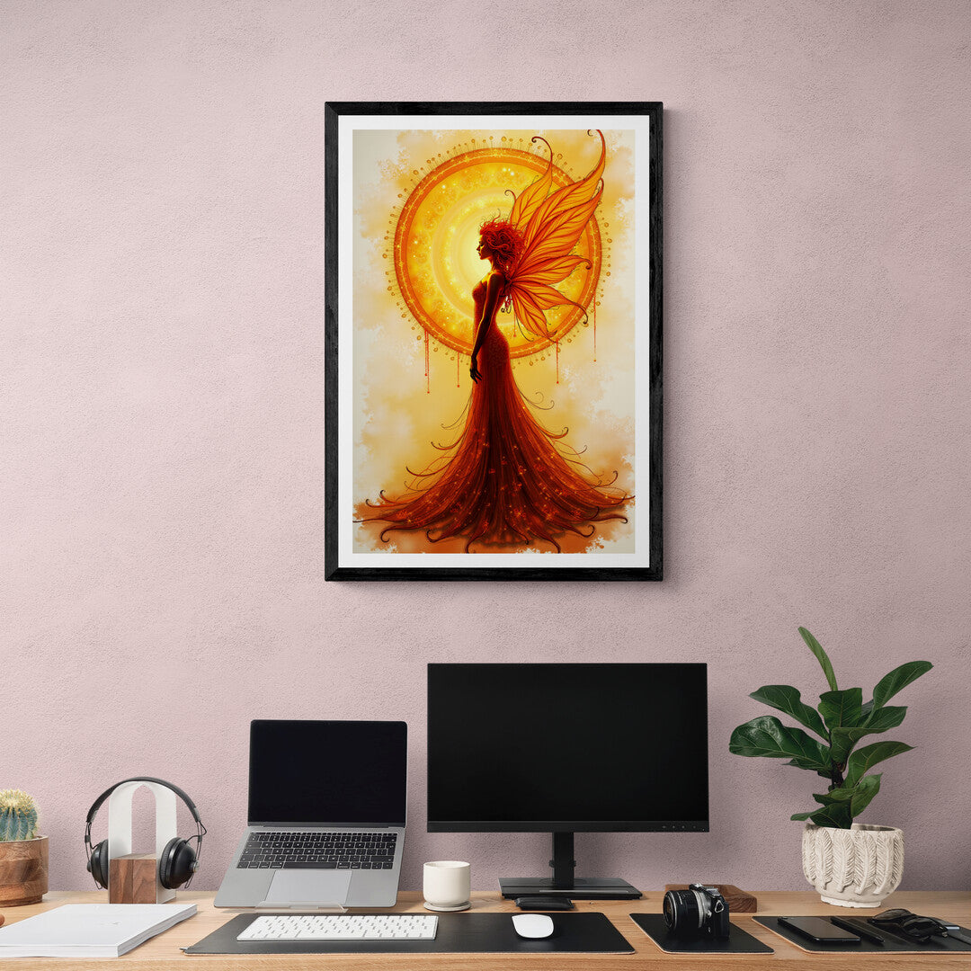 Captivating fairy with glowing flame-inspired wings, a perfect choice for premium wall art and home decor enthusiasts