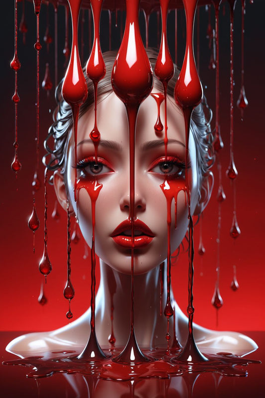 In a visually striking and evocative composition, the picture features a woman covered in red dripping color. The artwork captures a dramatic and intense scene, utilizing the symbolism of red to convey themes of passion, emotion, and perhaps even danger or violence.