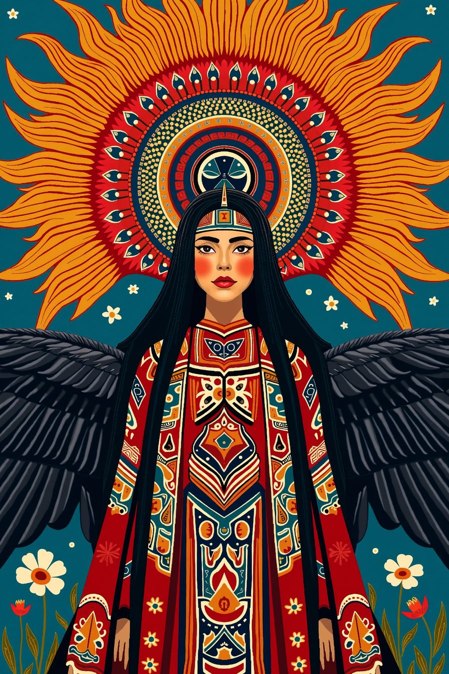 The image shows a stylized figure with wings, standing against a vibrant background. The figure is dressed in a robe with intricate red and orange patterns, reminiscent of traditional folk art. Behind the figure is an elaborate sun motif with rays extending outward, featuring various geometric shapes and designs in warm colors.