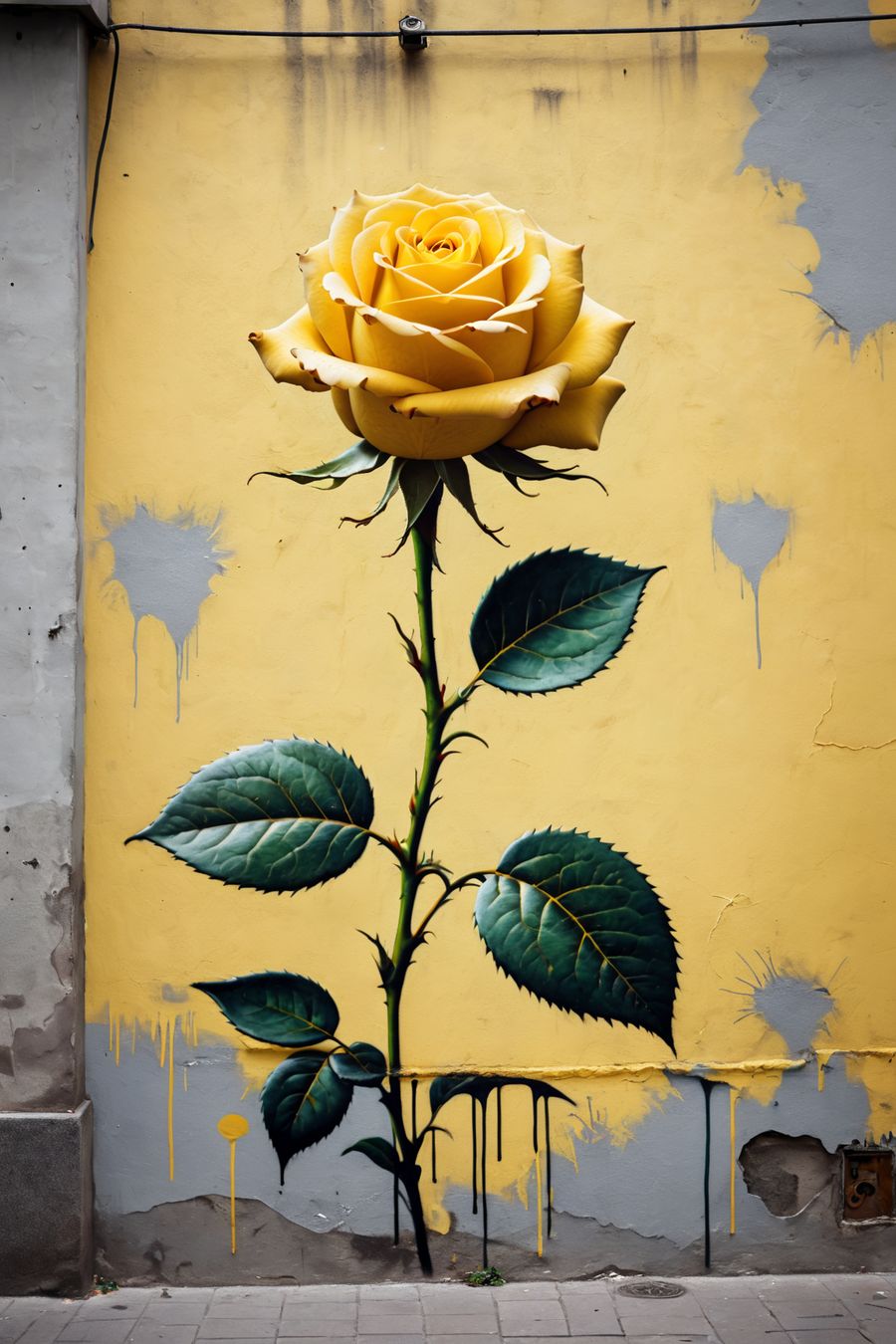 In a bold and eye-catching composition, the picture features a yellow rose depicted in a street art style. The artwork combines elements of traditional beauty with urban edginess, creating a unique and vibrant visual experience.