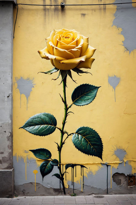 In a bold and eye-catching composition, the picture features a yellow rose depicted in a street art style. The artwork combines elements of traditional beauty with urban edginess, creating a unique and vibrant visual experience.