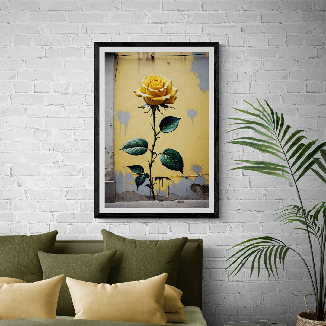 In a bold and eye-catching composition, the picture features a yellow rose depicted in a street art style. The artwork combines elements of traditional beauty with urban edginess, creating a unique and vibrant visual experience.