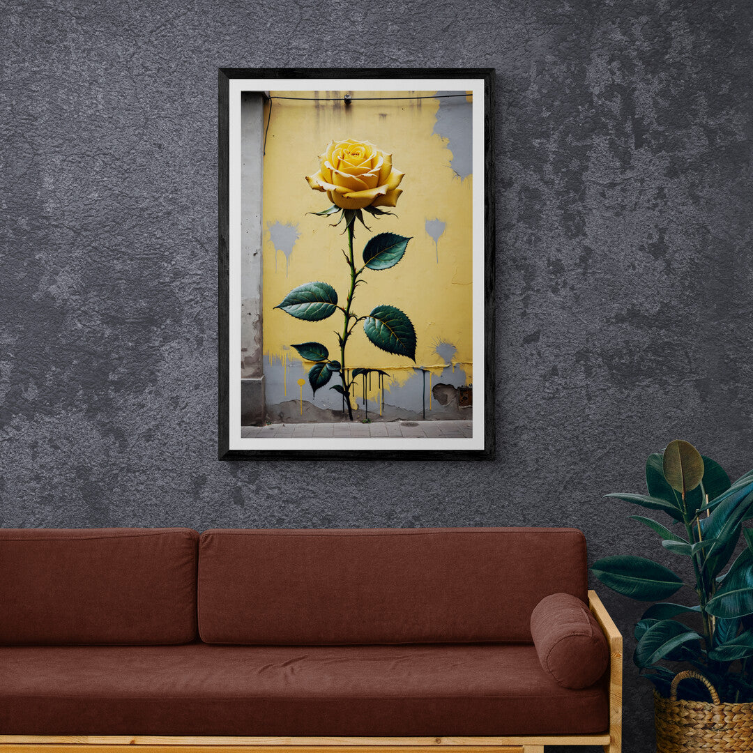 In a bold and eye-catching composition, the picture features a yellow rose depicted in a street art style. The artwork combines elements of traditional beauty with urban edginess, creating a unique and vibrant visual experience.