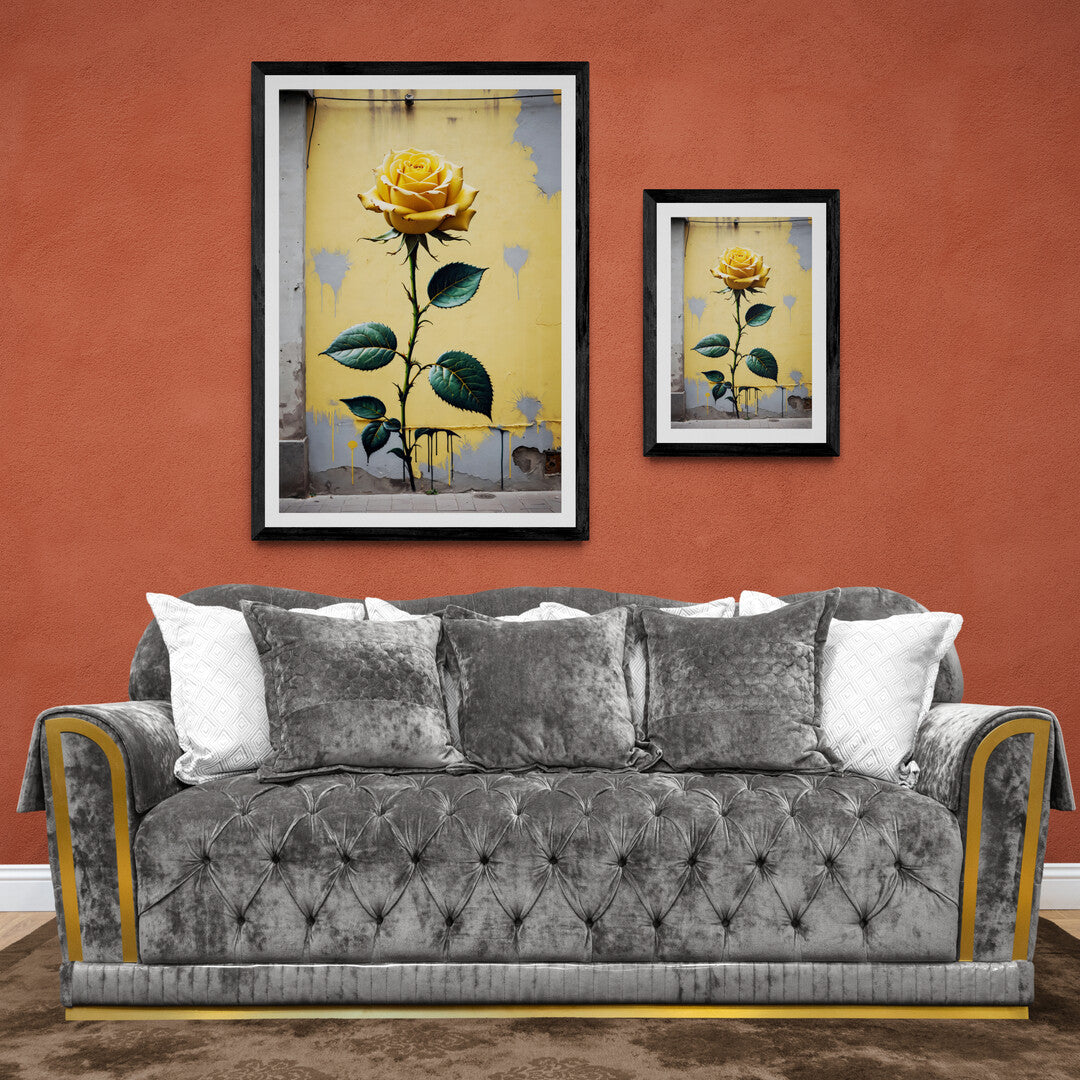 In a bold and eye-catching composition, the picture features a yellow rose depicted in a street art style. The artwork combines elements of traditional beauty with urban edginess, creating a unique and vibrant visual experience.