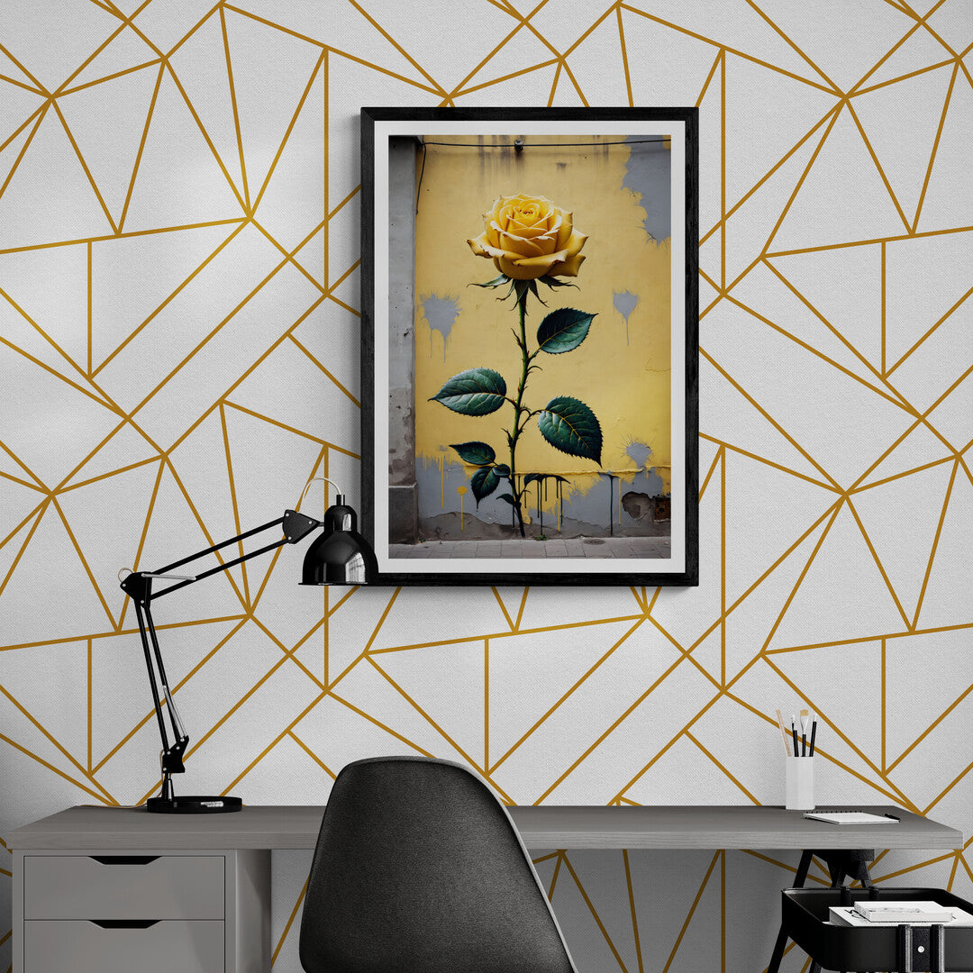 In a bold and eye-catching composition, the picture features a yellow rose depicted in a street art style. The artwork combines elements of traditional beauty with urban edginess, creating a unique and vibrant visual experience.