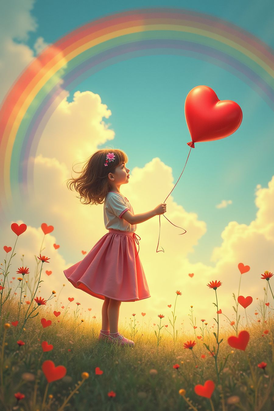 The picture depicts a young girl holding a red heart-shaped balloon, floating gently above her. She stands in a serene, open field, with soft sunlight casting a warm glow across the scene. The girl, dressed in a simple white dress, gazes up at the balloon with a dreamy expression. Her hair flows gently in the breeze, and the vast sky behind her is a clear, pastel blue. 