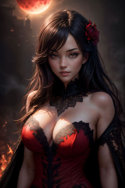 In a world where darkness and elegance entwine, a captivating scene comes to life—a gothic princess, adorned in a resplendent red dress that flows like scarlet silk against a backdrop of shadow and mystery. Her presence exudes an air of regal allure, a blend of enchantment and melancholy that captivates the imagination.