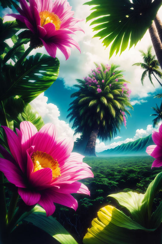 In this vibrant depiction, we are transported to a lush and exotic paradise reminiscent of the Hawaiian islands, where the beauty of nature unfolds in a riot of colors and textures.