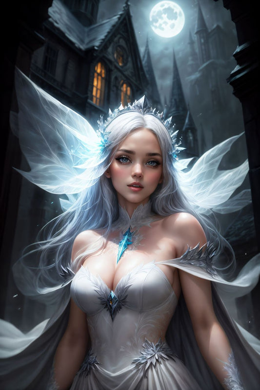 In this enchanting portrayal, we are introduced to the captivating presence of an ice queen, a figure of ethereal beauty who exudes an air of both elegance and mystique.