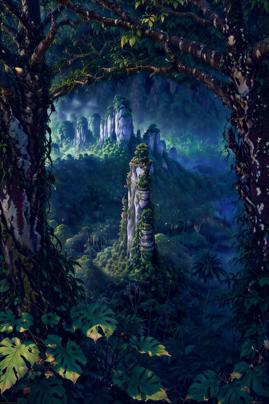 In this captivating depiction, we find ourselves immersed within the heart of a remote and vibrant foliage-covered jungle, a realm teeming with life and untamed beauty.