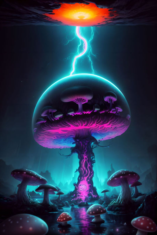 Within the depths of an ancient and hidden cave, a scene of enchantment emerges—a solitary magic mushroom, its radiance illuminating the darkness with an otherworldly glow. Against the rugged walls and the ebb and flow of shadows, this tableau captures the essence of a mystical encounter within the heart of the earth.