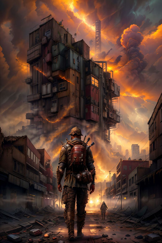 In a dystopian tableau of desolation and survival, a lone male scavenger navigates the unforgiving remnants of a ruined city. The sky above is painted a fiery shade of red, casting an eerie and foreboding glow over the desolate landscape.