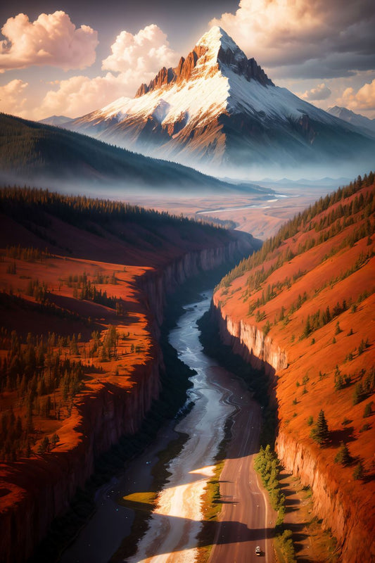 As the golden hour bathes the world in its warm embrace, a breathtaking vista unfurls—a majestic mountain standing tall and proud, overlooking a meandering river that glimmers like liquid gold. The scene is a symphony of nature's splendor, a tableau that captures the fleeting magic of a moment bathed in the ethereal light of dusk.