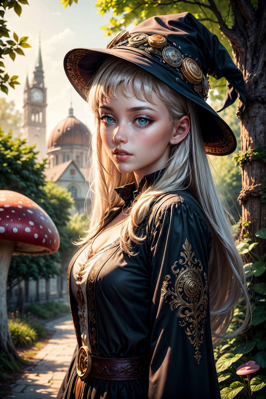 In a realm where nature's magic intertwines with ancient wisdom, a captivating image materializes—a female mushroom druid, a figure that embodies the harmony between the earth and the mystical forces that flow through it. Against a backdrop of verdant forests and hidden groves, she stands as a guardian of the natural world.