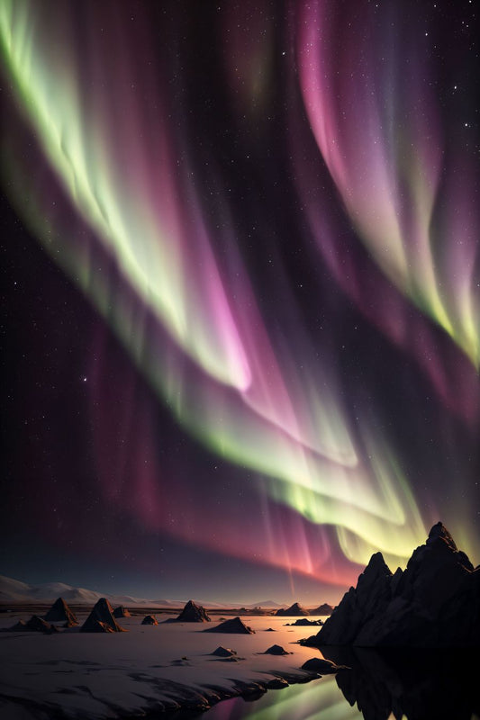 On the surface of a distant and enigmatic rocky planet, a breathtaking natural phenomenon unfolds—a dance of ethereal lights known as the Northern Lights. Against the backdrop of the planet's cold and rugged terrain, this celestial spectacle casts a mesmerizing glow that defies the solitude of the rocky landscape.
