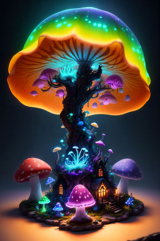 Nestled within a fantastical realm where reality and whimsy intertwine, a captivating sight unfolds—a psychedelic mushroom house that seems to have sprouted from the very fabric of a dreamscape. This whimsical abode stands as a testament to the boundless imagination that transcends the ordinary.