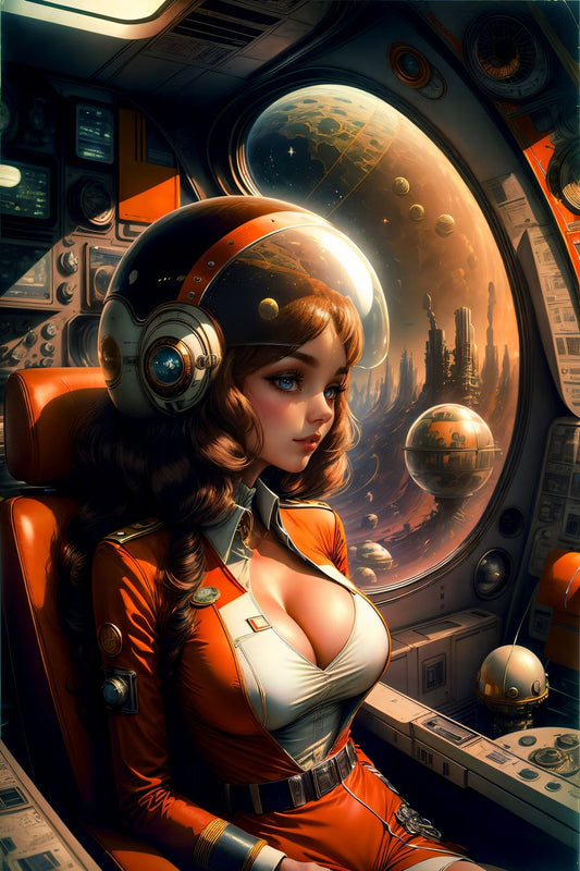 In the vibrant and futuristic scene, a Mars flight attendant takes center stage, exuding a delightful blend of nostalgia and space-age wonder. Clad in a meticulously recreated 1970s flight attendant ensemble, she pays homage to the golden era of air travel. 