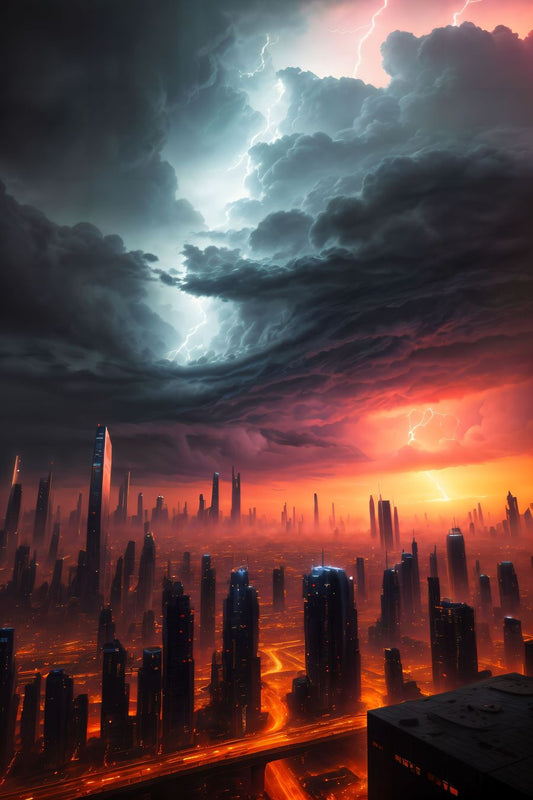 Against the canvas of an otherworldly horizon, a captivating scene unfolds—a sprawling sci-fi city bathed in the warm embrace of sunset, surrounded by tumultuous storm clouds. The tableau captures the dynamic interplay between the urban marvels of humanity and the awe-inspiring forces of nature.