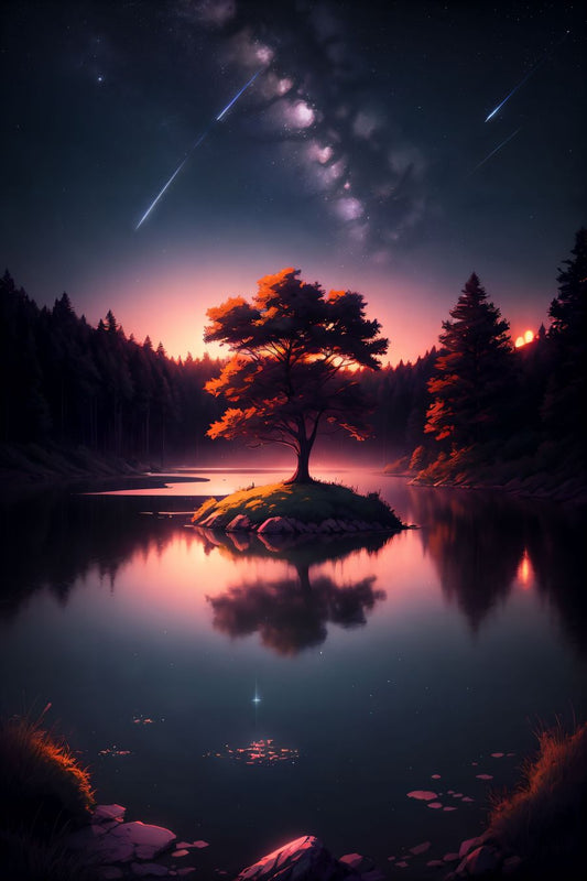 In the embrace of a tranquil night, a breathtaking landscape emerges—a dense forest surrounding a serene lake under the vast canopy of a dark night sky. The tableau captures the enchanting beauty of the natural world illuminated by the ethereal glow of shooting stars, creating a scene of quiet wonder and cosmic serenity.