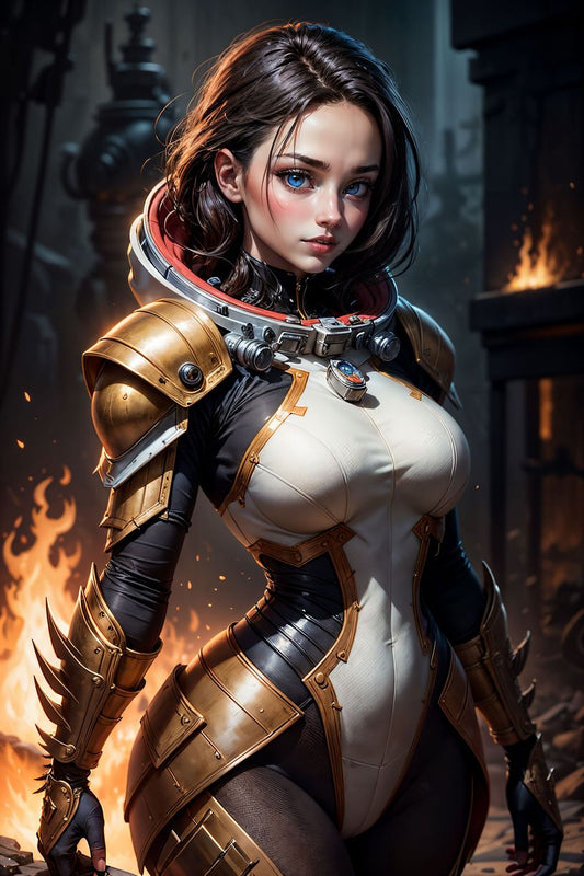 In this evocative image, we encounter a spacefaring heroine adorned in a suit of advanced interstellar armor that seamlessly marries sleek aesthetics with cutting-edge functionality.