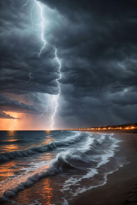 Under the veil of a moonless night, a captivating image takes shape—a tempestuous storm unleashes its fury upon a desolate beach. This tableau captures the awe-inspiring clash of nature's forces, where the relentless power of the sea and the sky converge in a breathtaking display of chaos and grandeur.