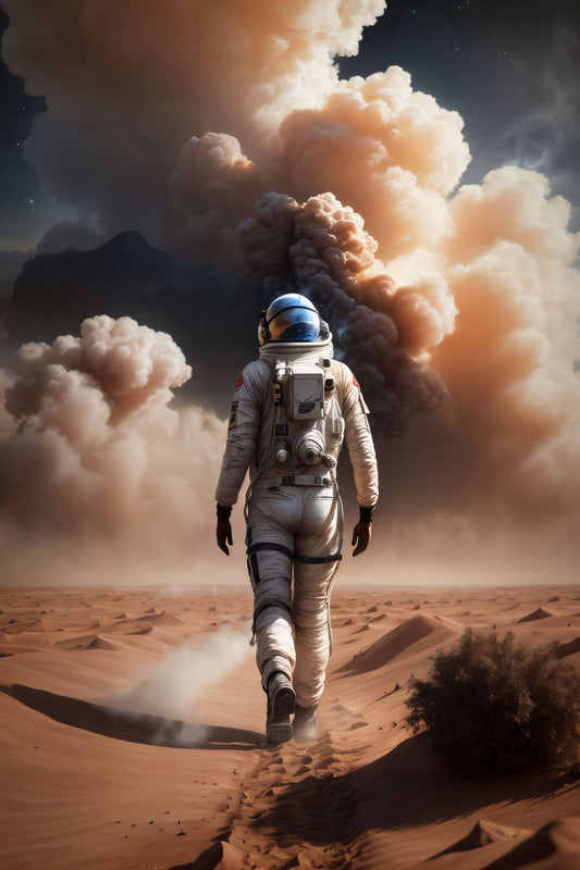 In the desolate vastness of space, a haunting scene unfolds—a lone spaceman walking away, stranded on a dusty and barren planet. Against the backdrop of the alien landscape, his figure is a poignant reminder of isolation and resilience amidst the unknown.