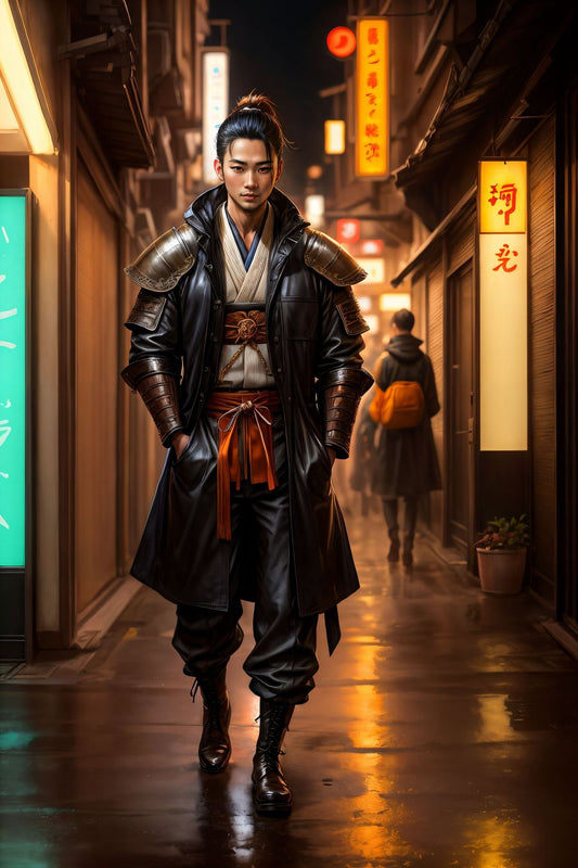 Amid the dazzling tapestry of a futuristic Tokyo night, a captivating image unfolds—a stylish samurai, exuding an air of modern elegance, stands amidst the neon-lit urban landscape. This tableau captures the fusion of tradition and innovation, where the echoes of ancient times meet the pulsating energy of a city that never sleeps.