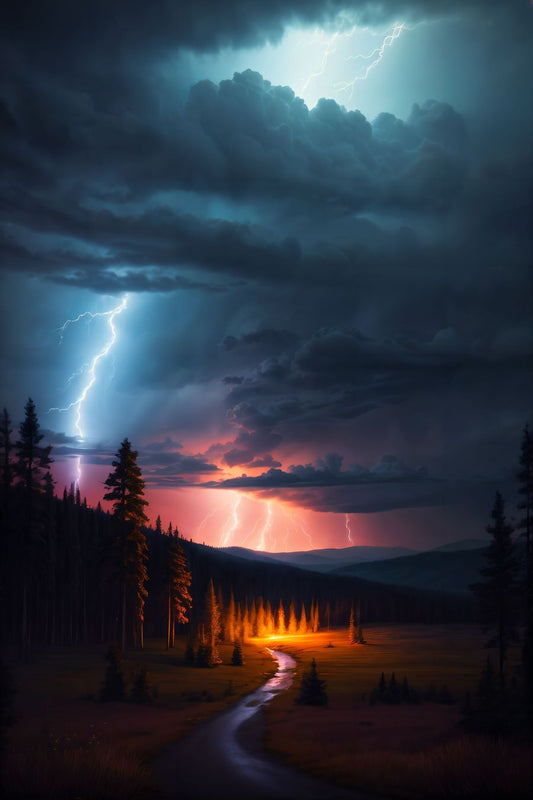 In the heart of a chilling arctic night, a mesmerizing display of nature's raw power unfolds. The towering Arctic forest, cloaked in darkness, serves as a dramatic backdrop for a furious thunderstorm. Jagged streaks of lightning slice through the ink-black sky, illuminating the icy landscape below with fleeting bursts of brilliant light.