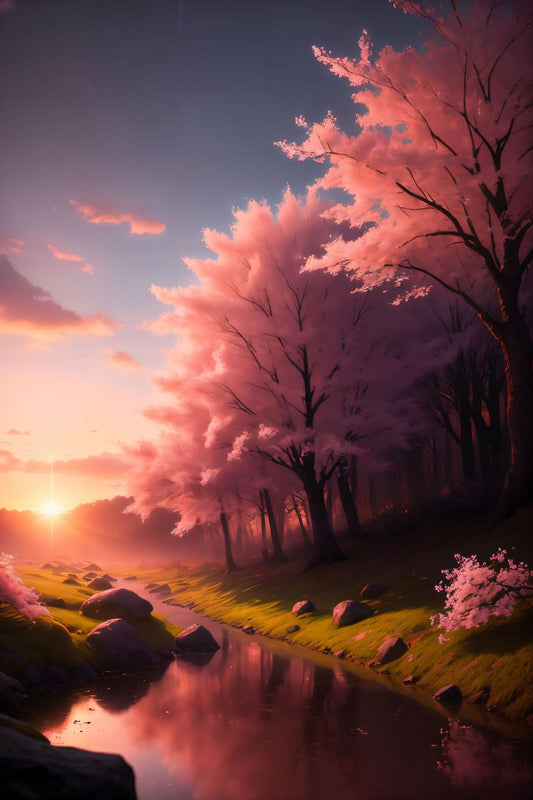 In the tender embrace of dawn's first light, a picturesque image unfolds—a cherry tree in full bloom, adorned with delicate blossoms that seem to catch fire in the gentle caress of the sunrise. This tableau captures the ephemeral beauty of nature in a moment of tranquil radiance.