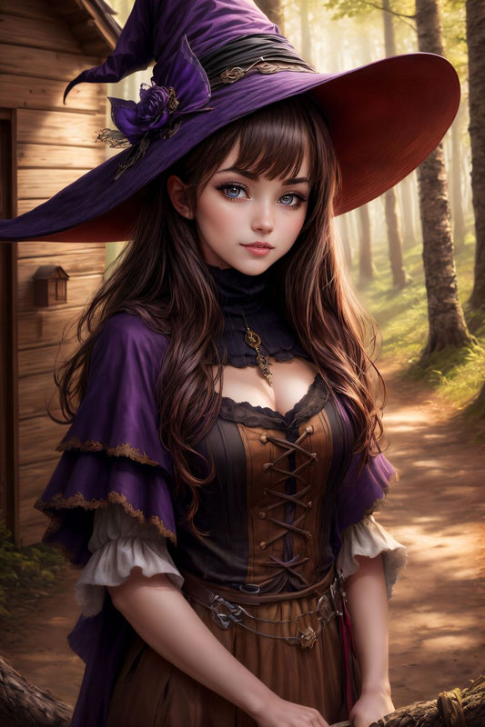 Amidst the enchanting embrace of a mystical forest, a captivating scene unfolds. In the foreground stands a beguiling figure—a witch of arcane wisdom and enigmatic charm. She stands before a quaint and rustic hut, her presence imbuing the surroundings with an air of otherworldly allure.